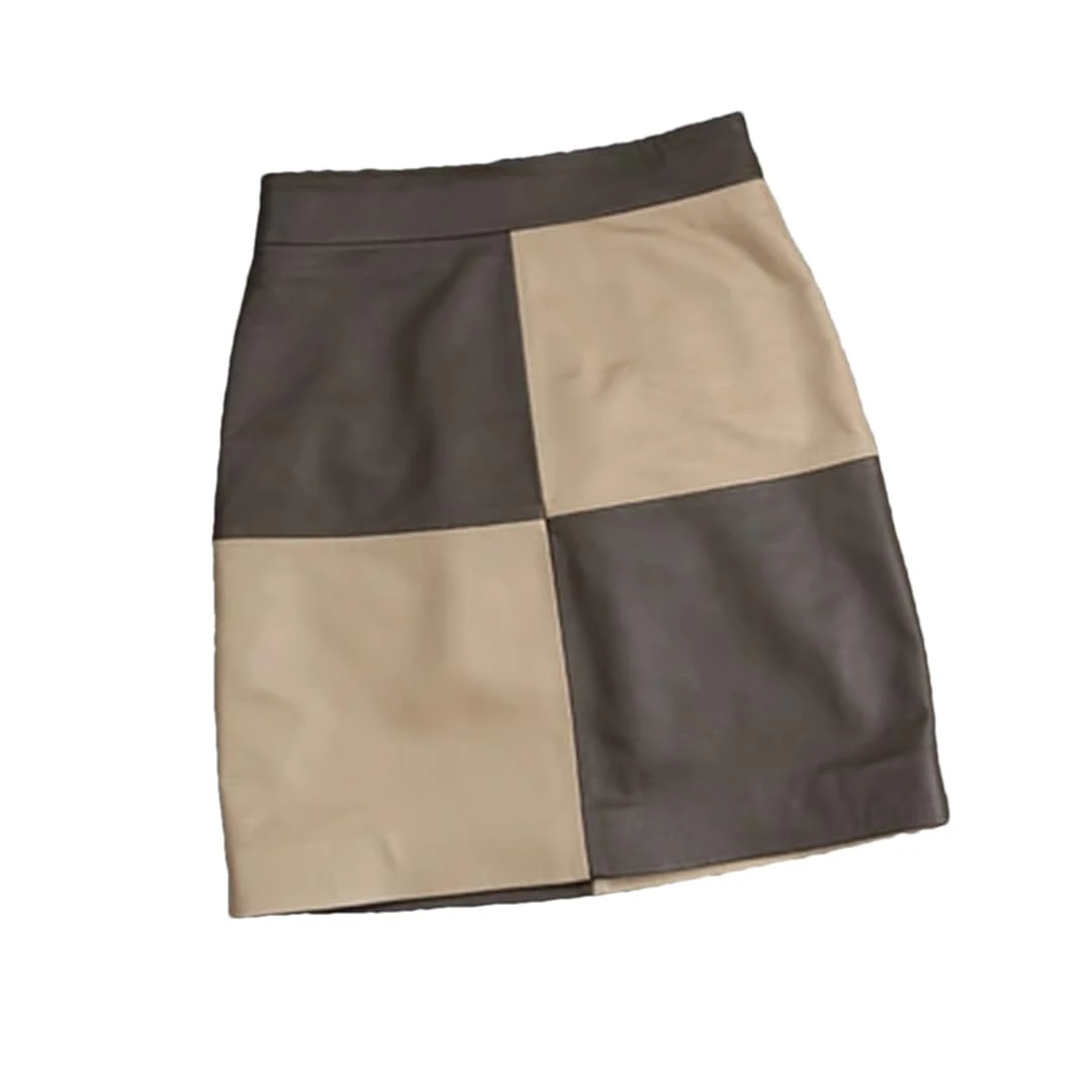 Alloaone Women Harajuku Genuine Leather Mini Two Color Color Block Skirt Brown Gray Coffee S