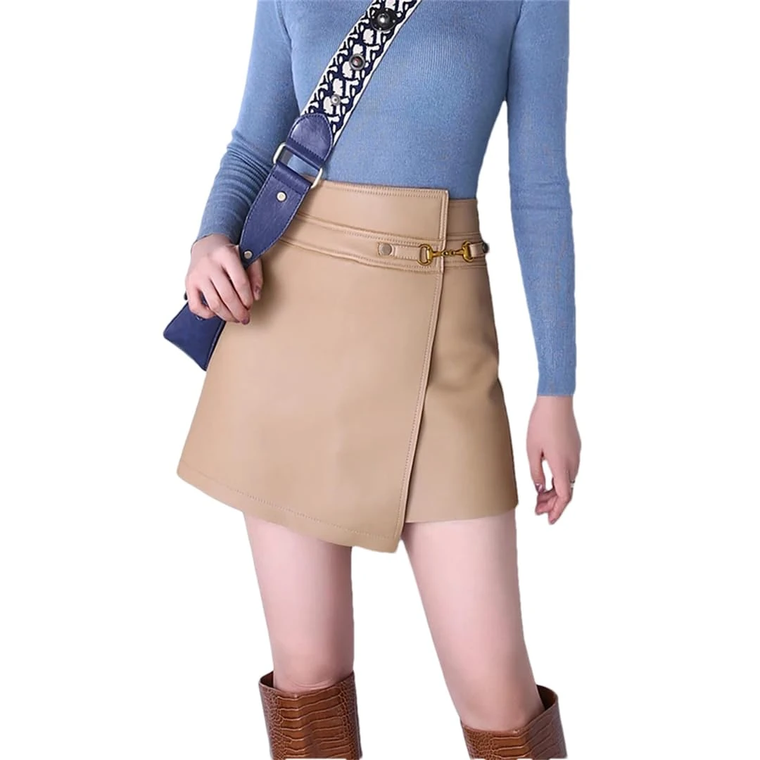 Alloaone Women Japanese Harajuku Soft Leather High Waist Thin Pants Street Sexy Mini Culottes Shorts Skirts Beige M