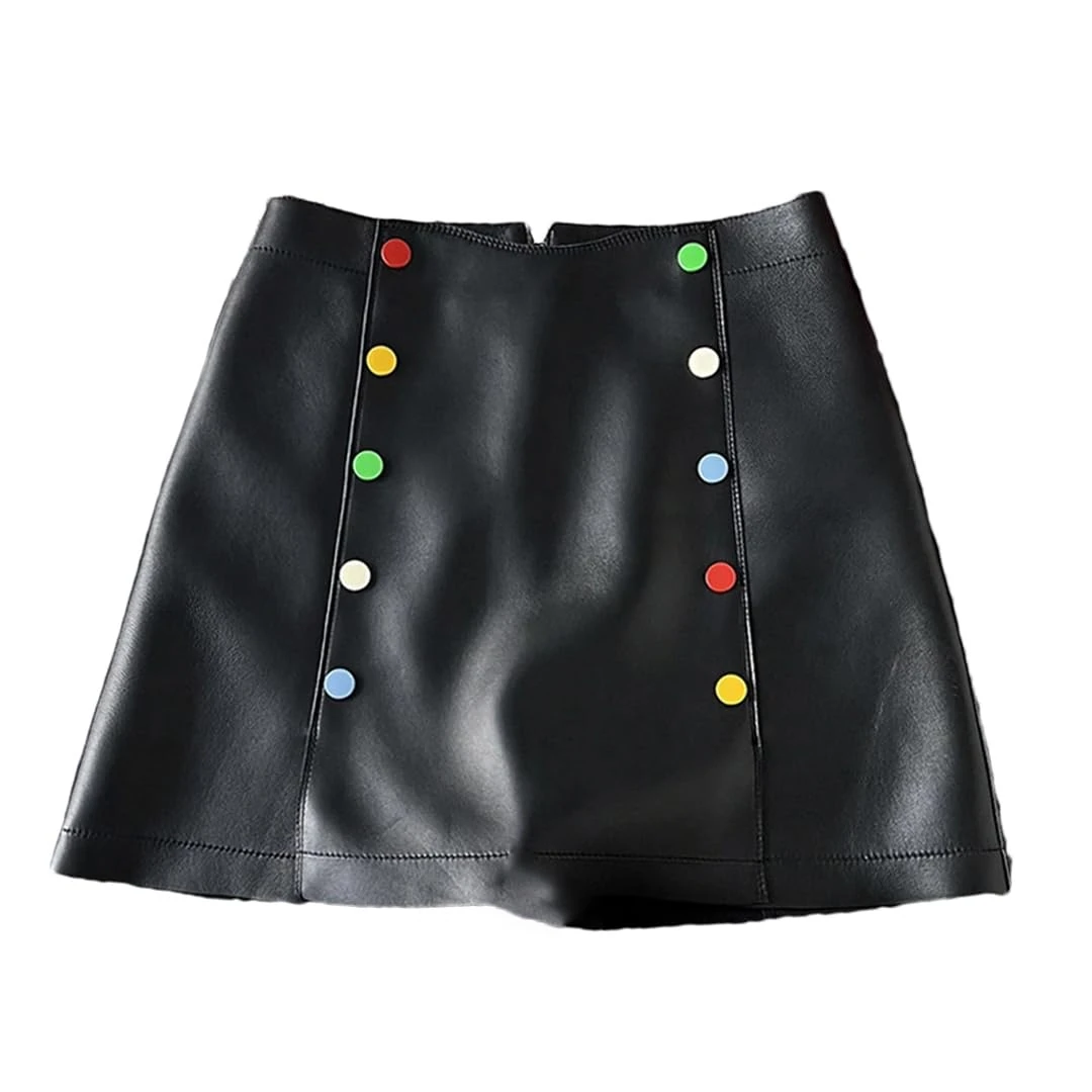Alloaone Women Winter Color Button Double-Breasted Mini Micro Leather A-Line Skirt Black XL