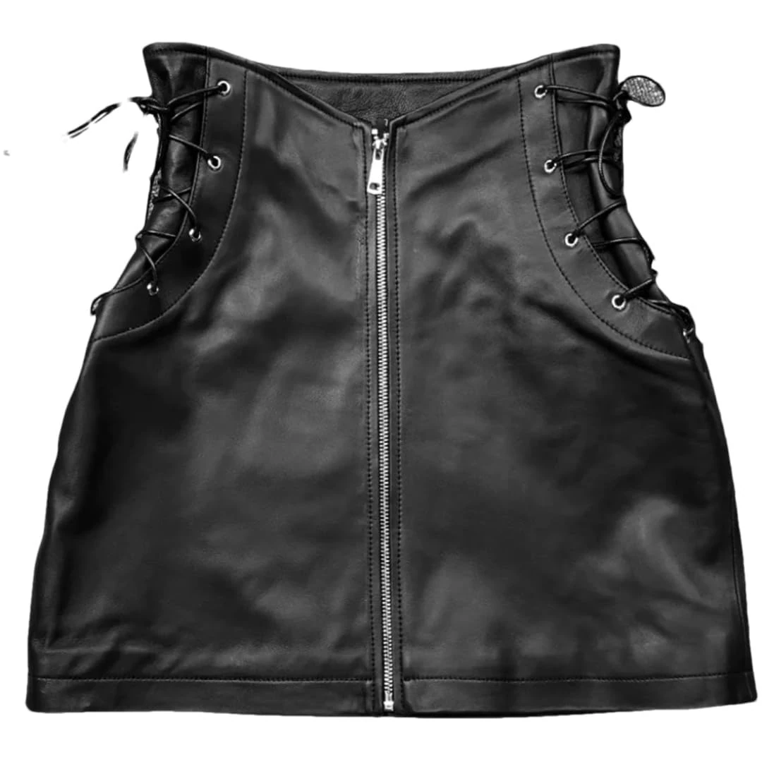 Alloaone Women Spring Smell Genuine Leather Middle Zipper High Waist Slimming Strap Sexy Mini High Street White Skirts Black XL