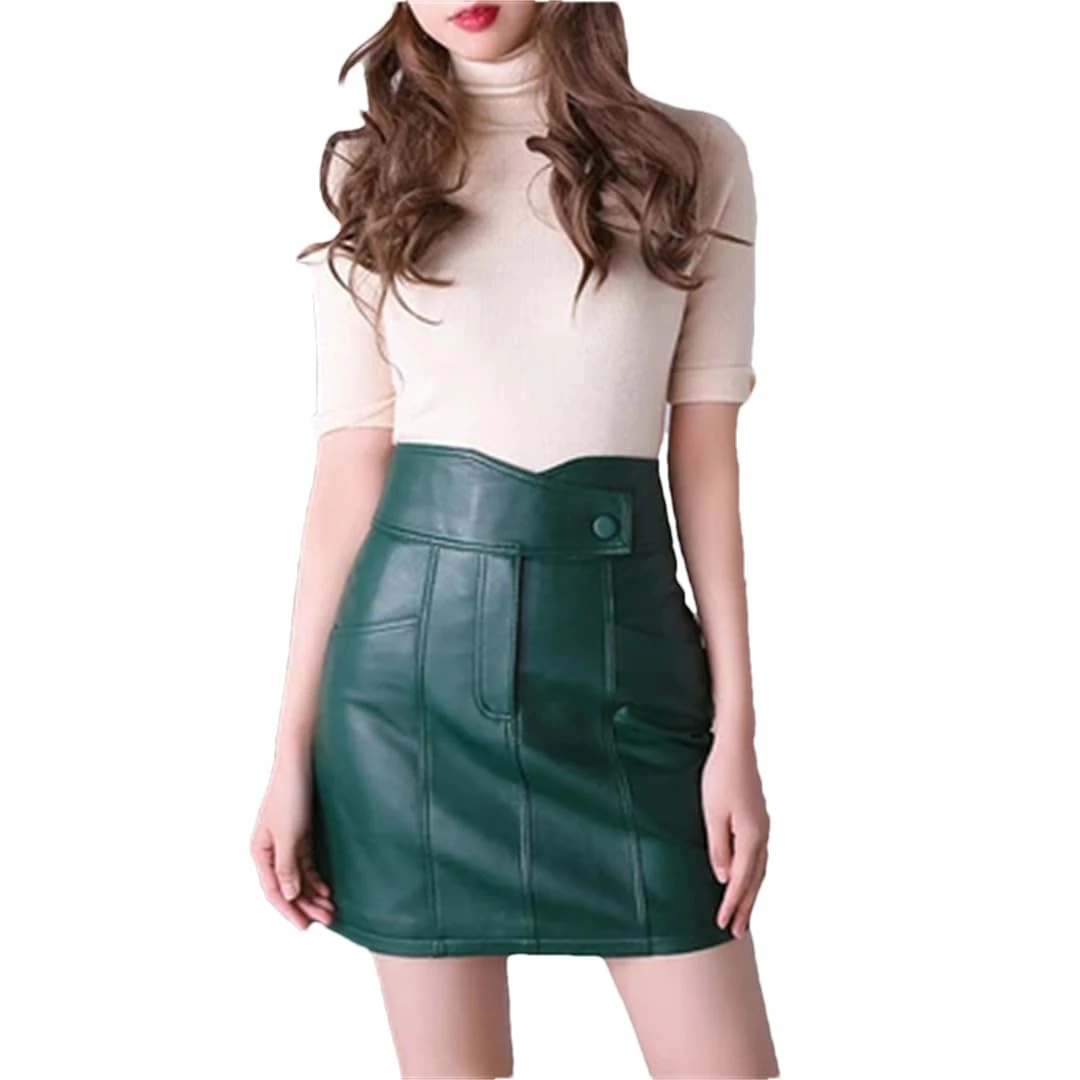 Women Genuine A-Line Slim Zipper Mini Grass EN8/Black Chic Leather Short Skirt Dark XL