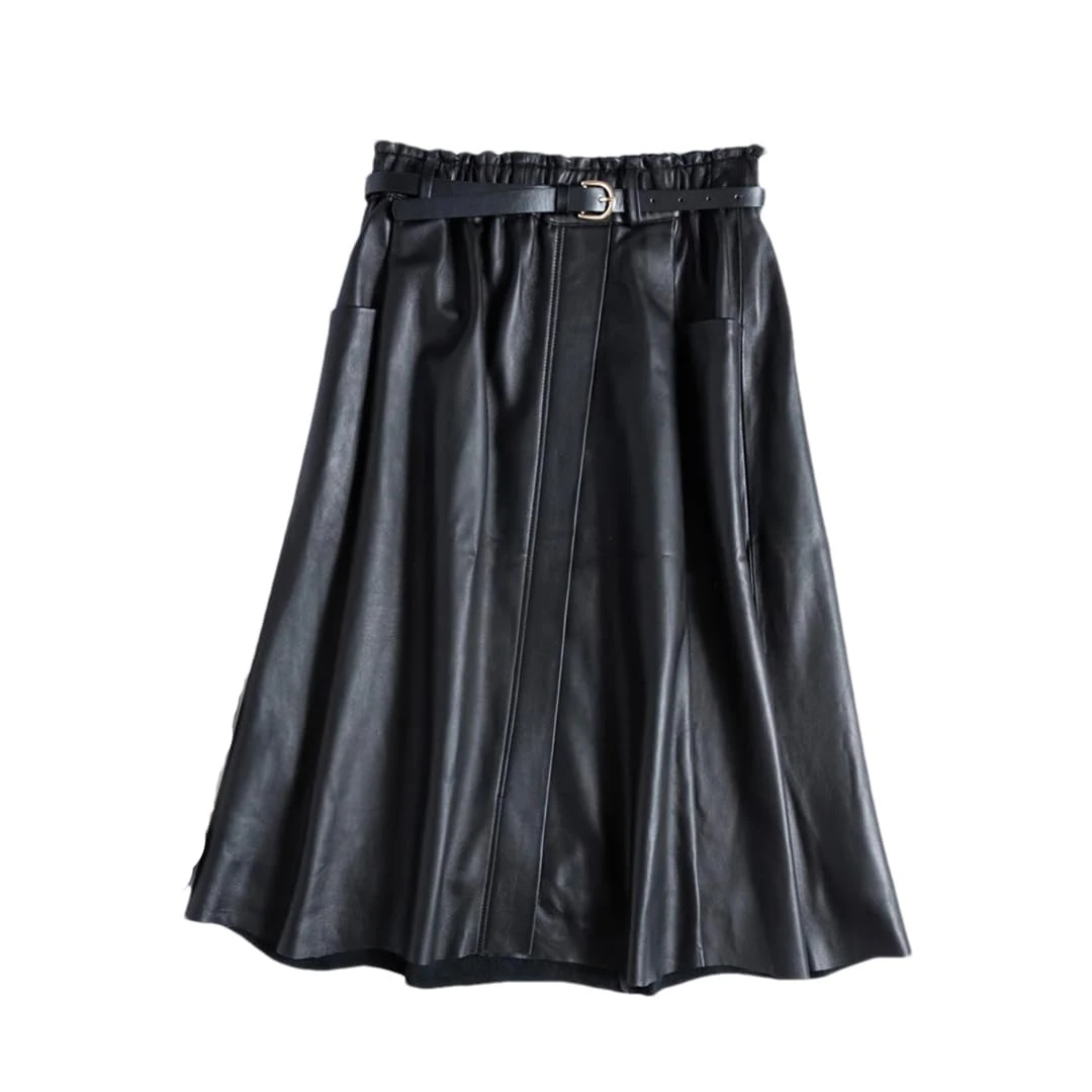 Alloaone Women Winter Genuine Leather Belt Short Solid White Zippers Decorate Punk Mini Skirt Black M