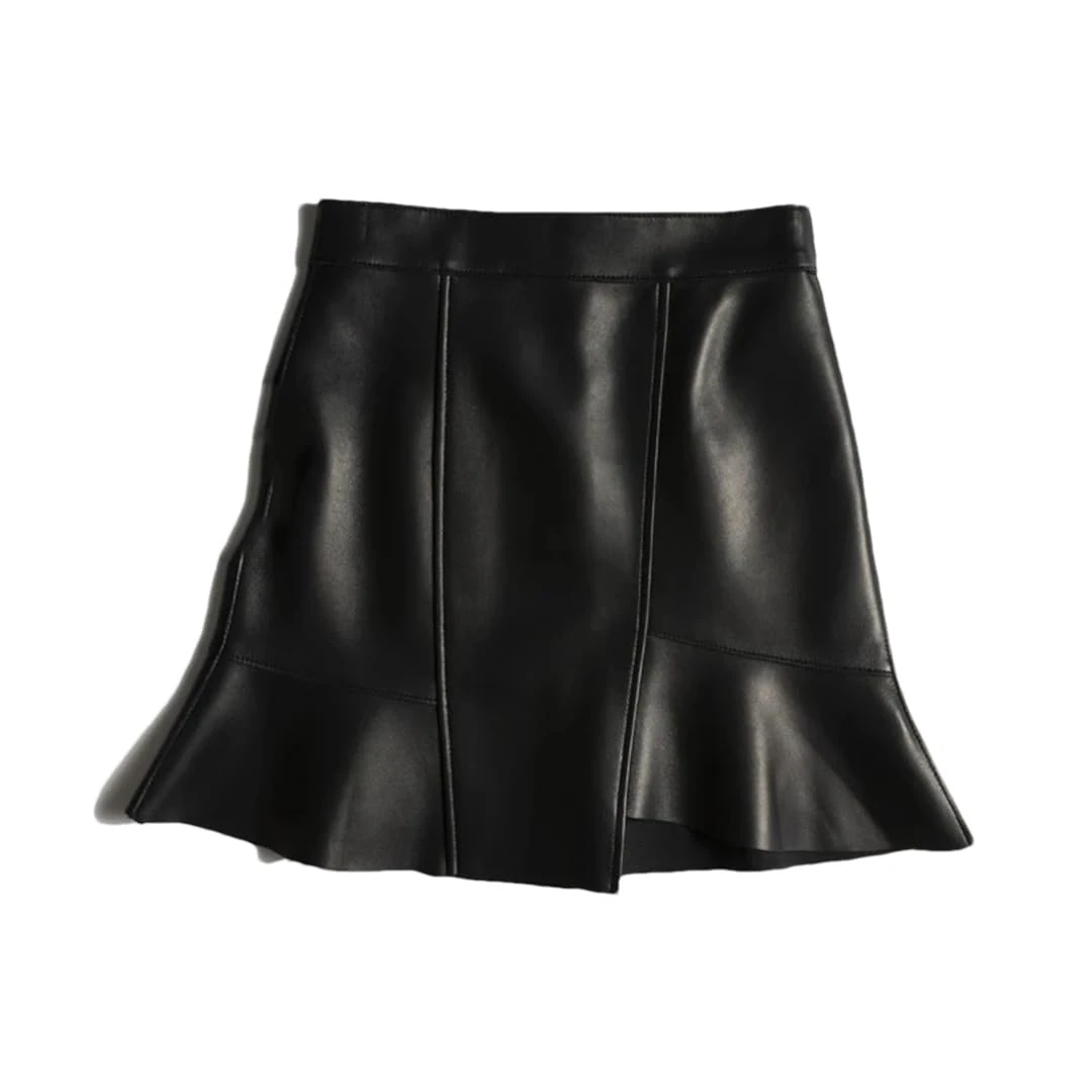 Alloaone Women Elegant Chic Real Lambskin Irregular Short High Waist Ruffled Fishtail Leather Mini Skirt Black M