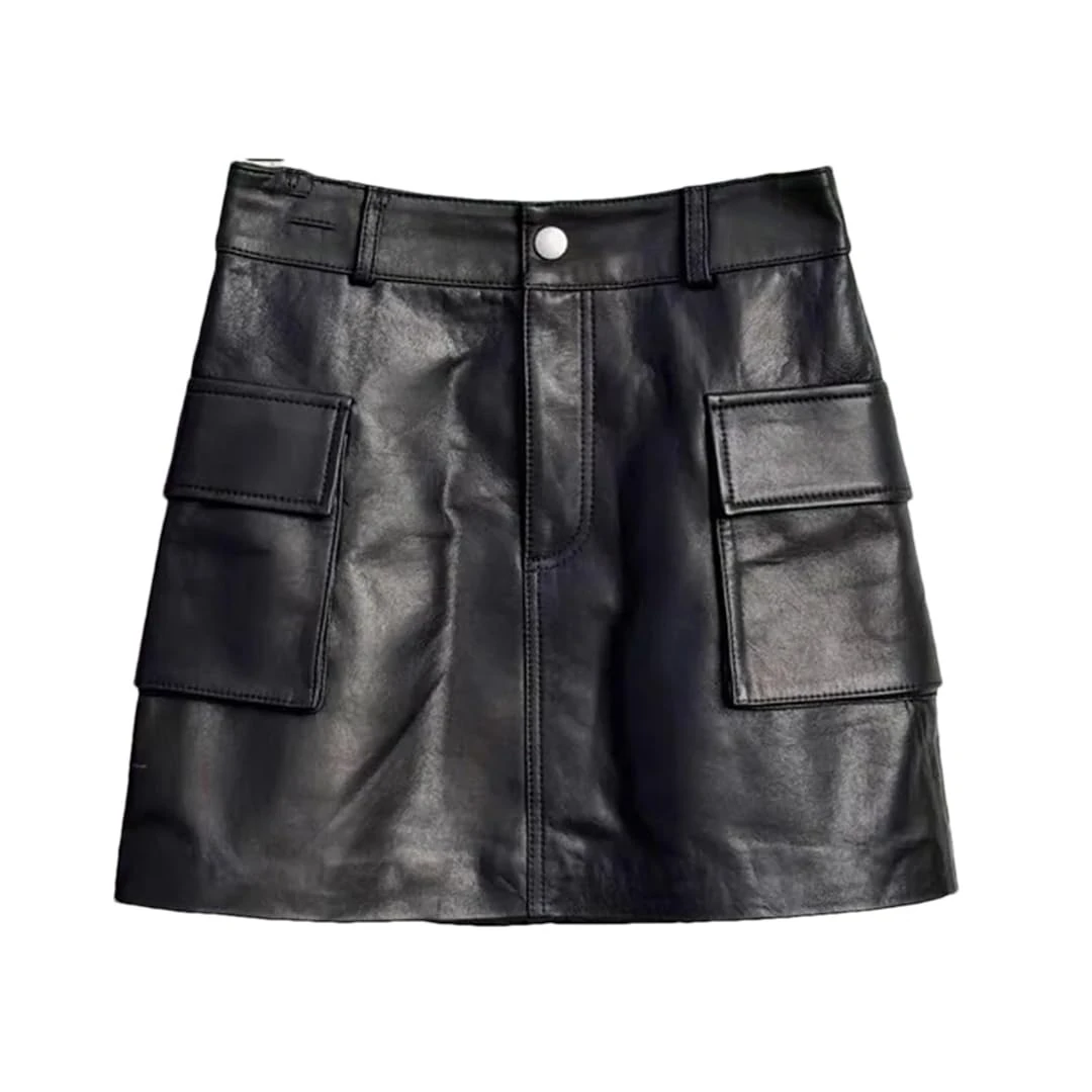 Women High Waist Side Pocket Slim Look Head Layer Sheepskin A-Line Mini Leather Skirt Black S