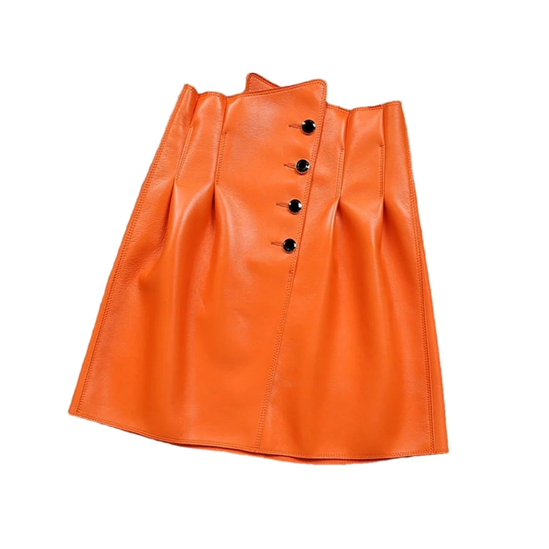 Alloaone Women Stylish Irregular High Waist Folded Buttons White Black Sexy Mini Short Skirt Orange XL