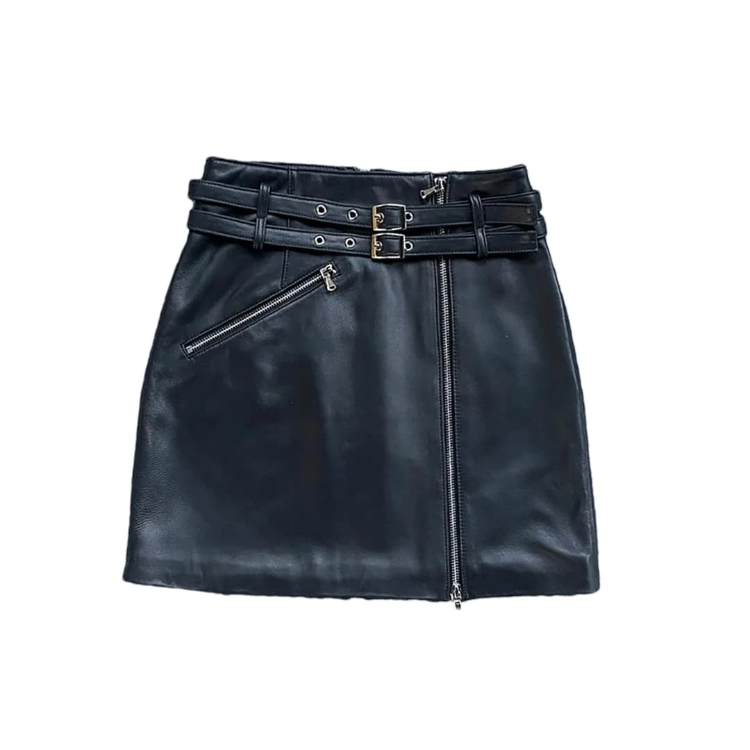 Women Double Belt Split Zippers Motorcycle High Street Short Jupe South Korean A-Line Sexy Mini Leather Skirt Black XL