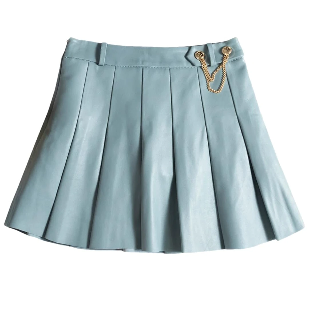 Women Playful College Style Japanese Golden Chain Short Blue White Lambskin Mini Pleated Skirt Blue M