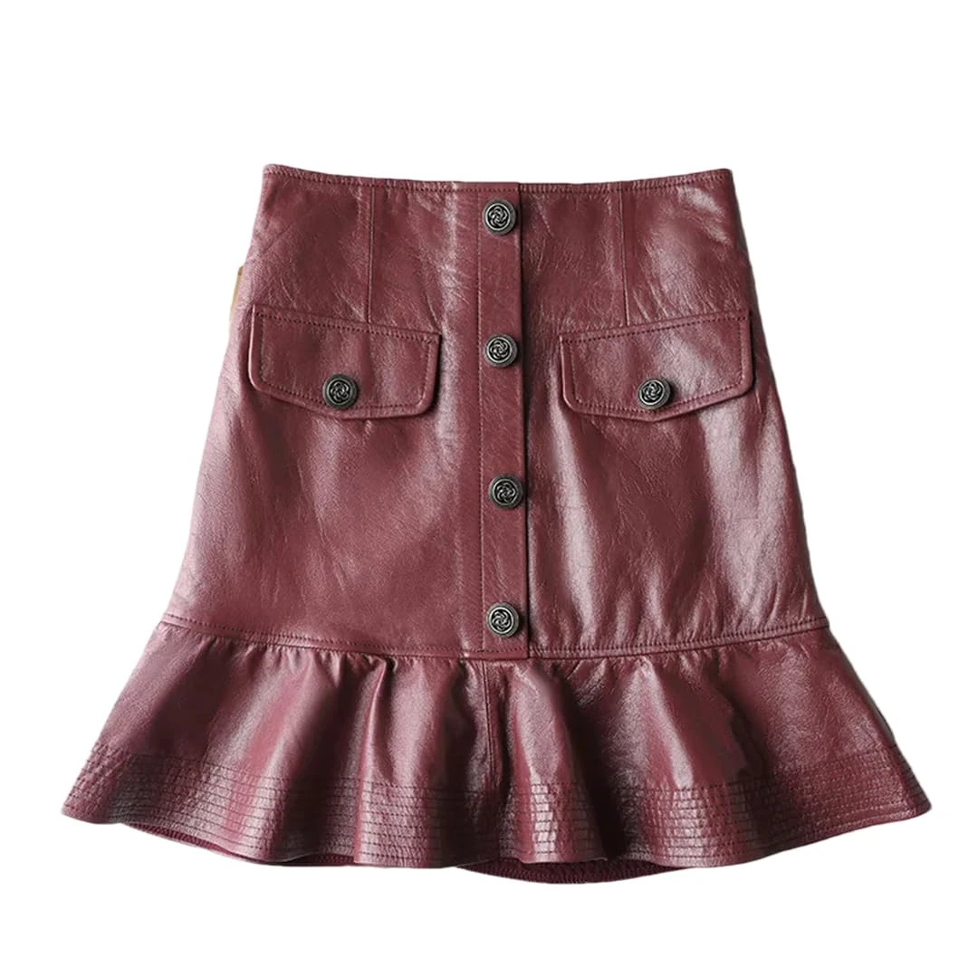 Women 100% Sheepskin Lotus Leaf Swing Fishtail Burgundy Sexy Short Wrap Leather Mini Skirt Burgundy XXL