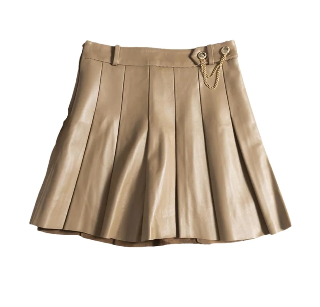 Women Playful College Style Japanese Golden Chain Short Blue White Lambskin Mini Pleated Skirt Beige M
