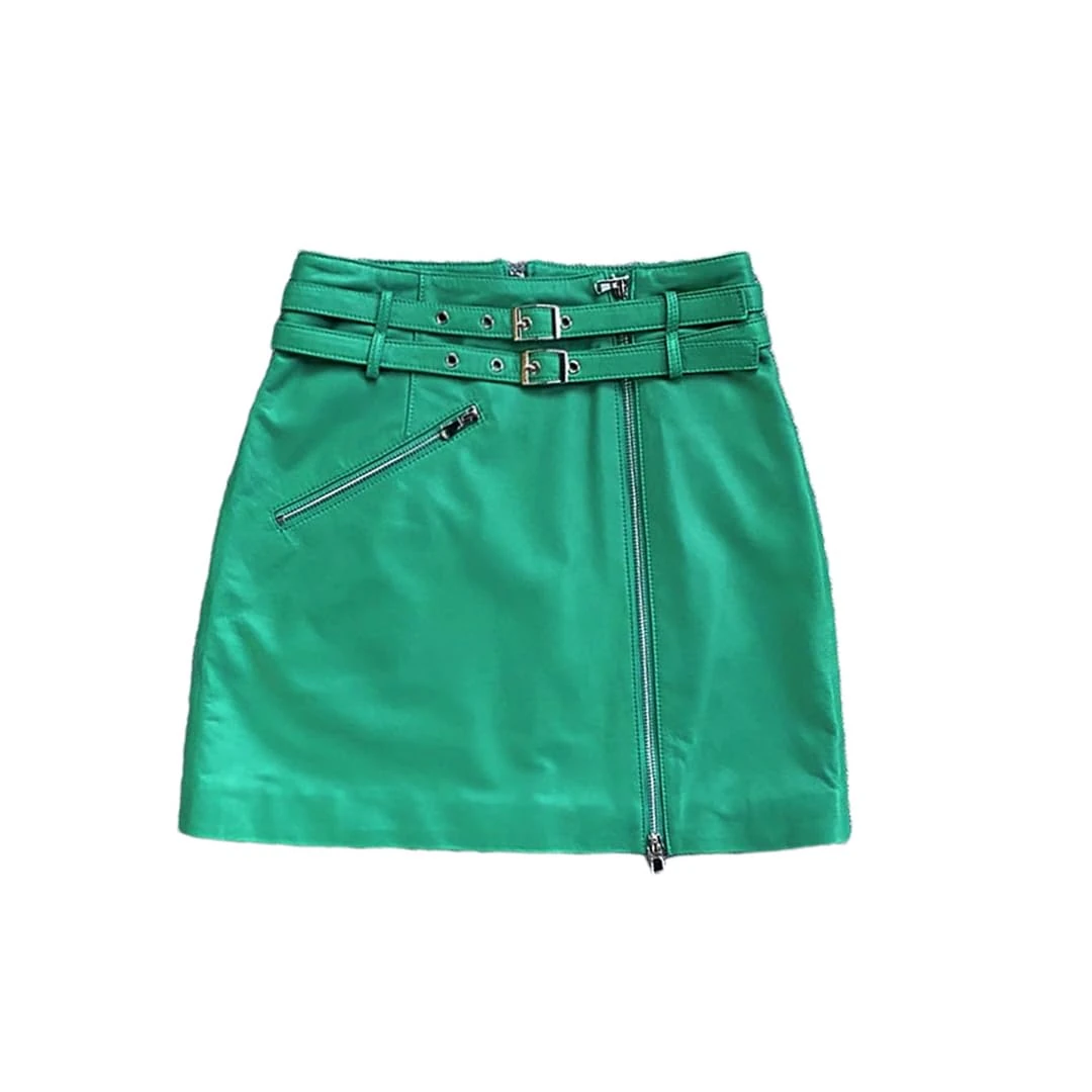 Women Double Belt Split Zippers Motorcycle High Street Short Jupe South Korean A-Line Sexy Mini Leather Skirt Grass Green XL