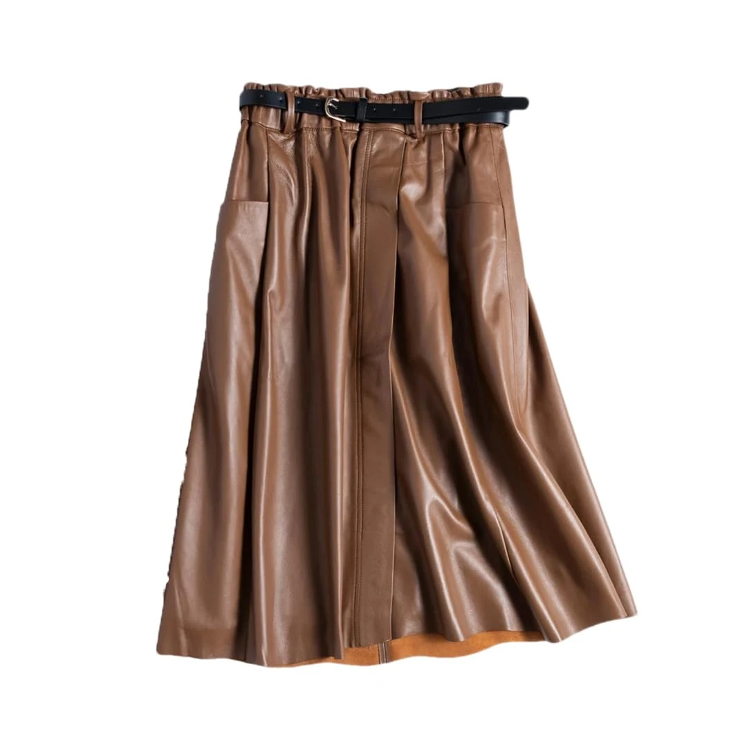 Alloaone Women Winter Genuine Leather Belt Short Solid White Zippers Decorate Punk Mini Skirt Brown M