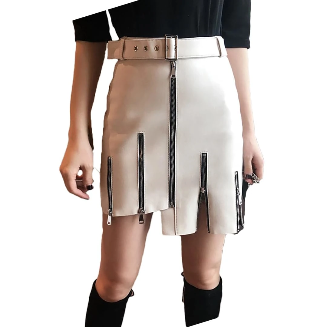 Women Winter Above Knee Genuine Leather Belt Short Solid White Zippers Decorate Punk Mini Skirt White L