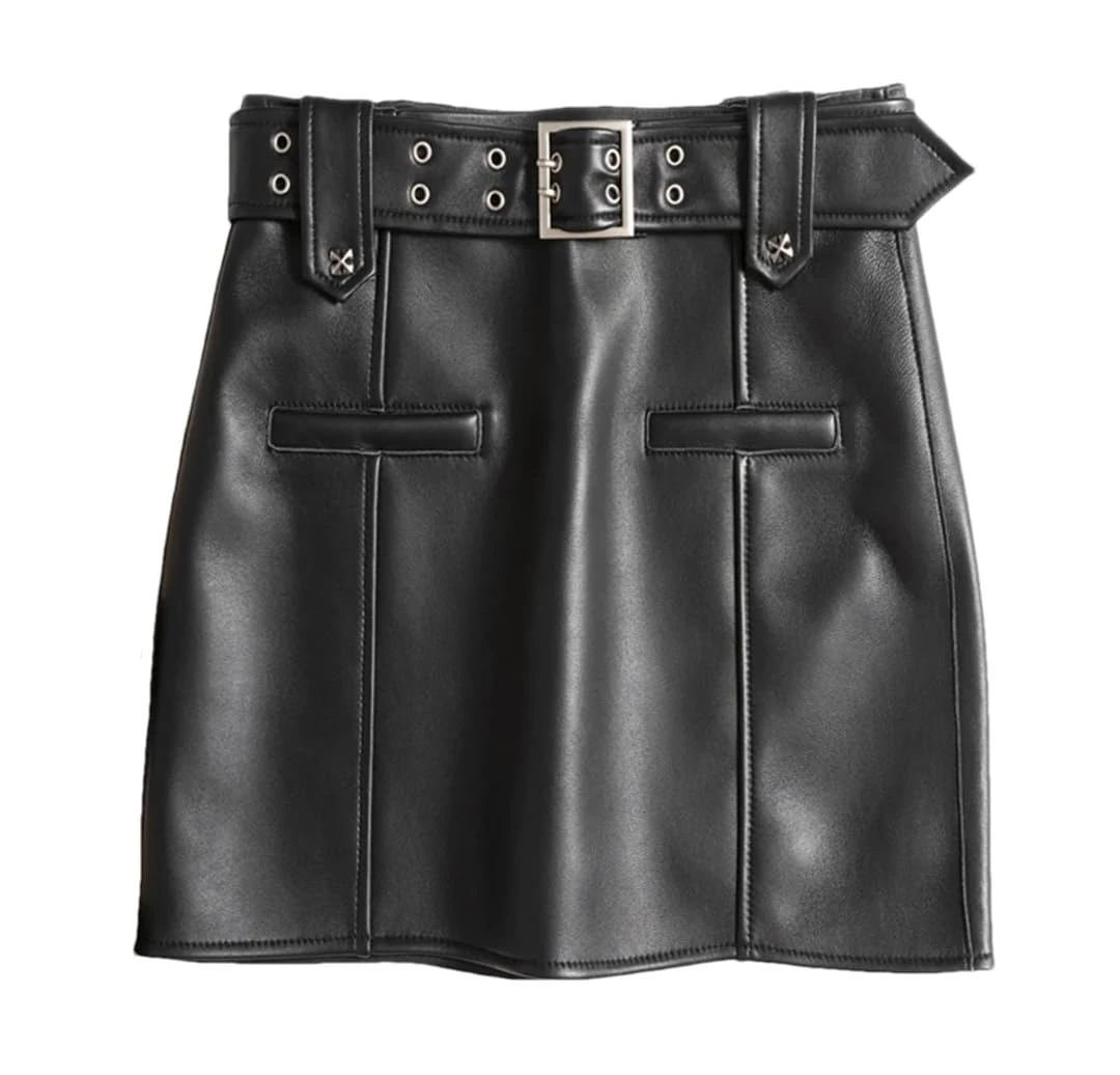 Alloaone Women Cargo Skirt Double Belt Slimming Mini Saias with Buttocks 100% Leather Locomotive Skirt Black L