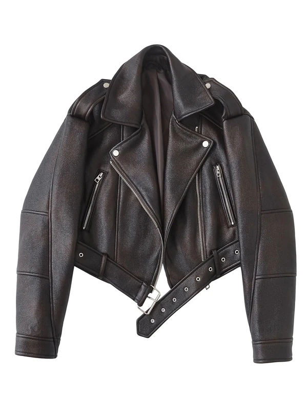 LY VAREY LIN Women Faux Leather Cropped Jacket Lapel Zipper Biker Short Coat with Belt, Brown, Small
