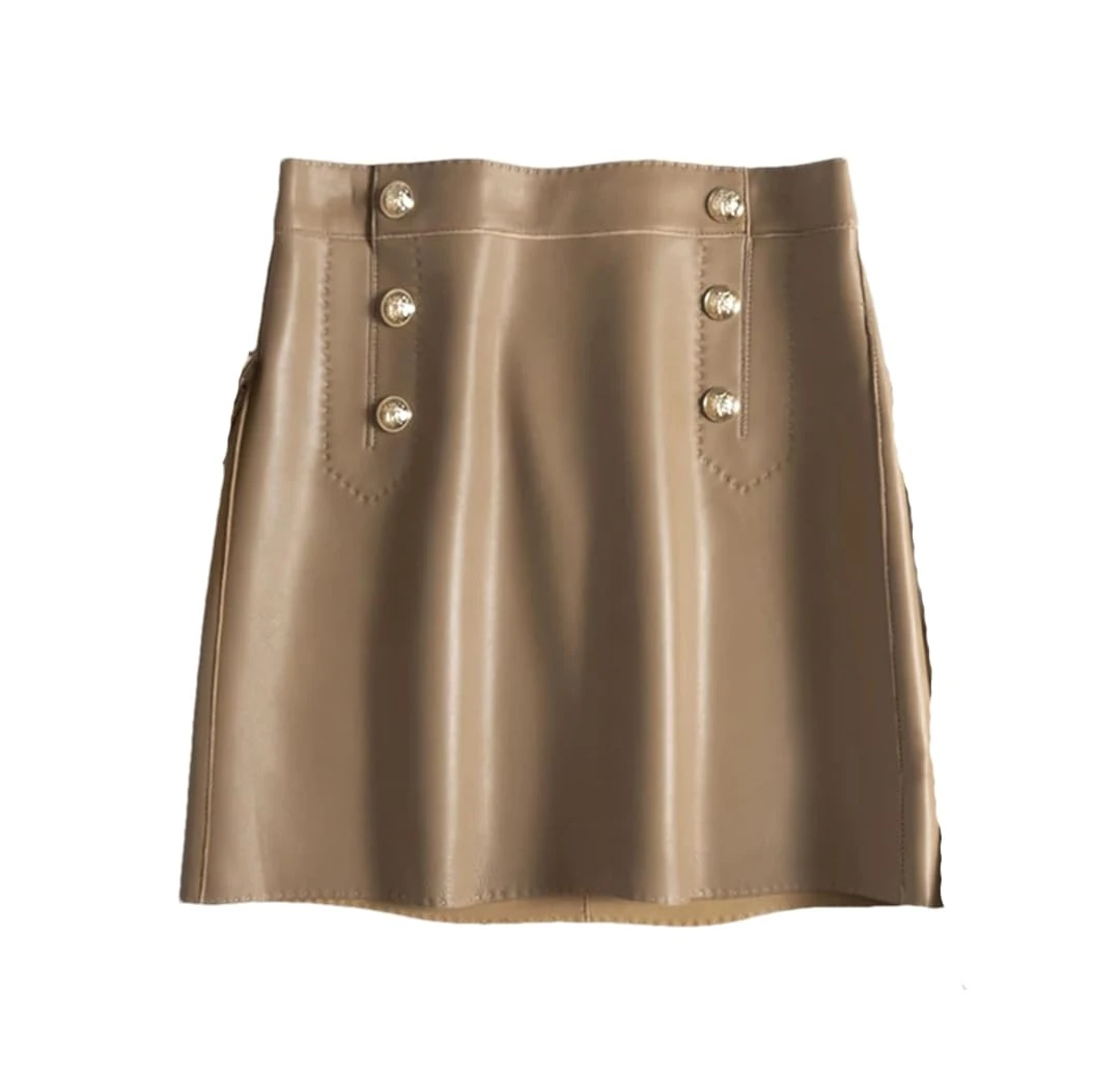 Women High Waist Wrap Leather Double Breasted Metal Button Lambskin Mini Skirts Khaki M