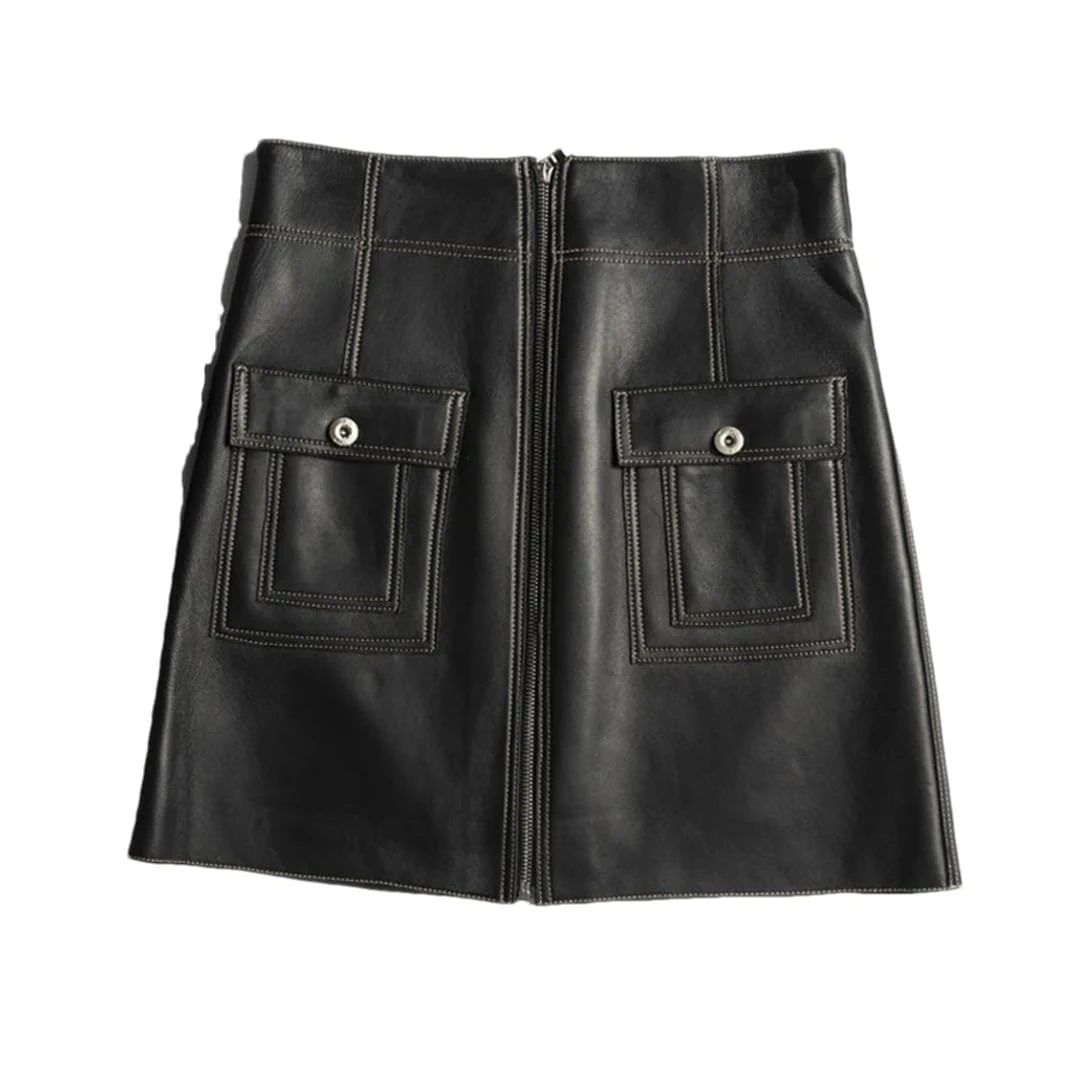 Women Harajuku A-Line Sexy Mini White Chic Bright Line Zipper Pocket Leather Skirt Black S