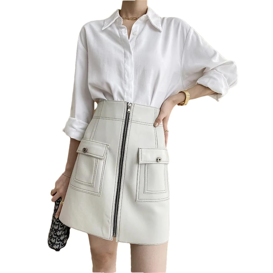 Women Harajuku A-Line Sexy Mini White Chic Bright Line Zipper Pocket Leather Skirt White S