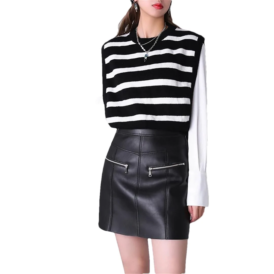 Alloaone Women Harajuku Slimming Zipper Locomotive Soft Leather Chic Mini Skirts Black XXL