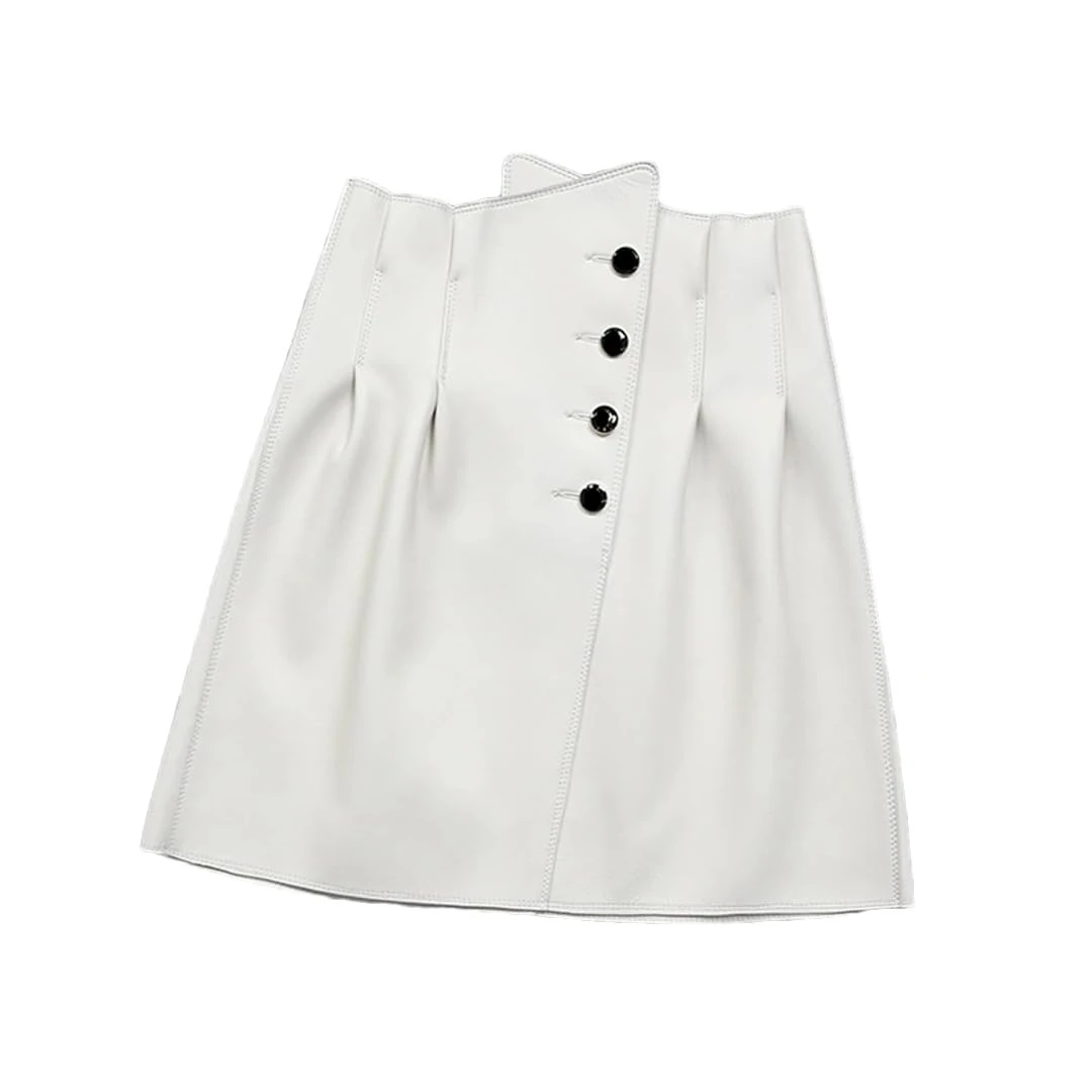 Alloaone Women Stylish Irregular High Waist Folded Buttons White Black Sexy Mini Short Skirt White XL