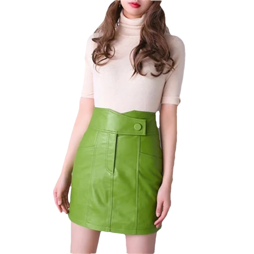 Women Genuine A-Line Slim Zipper Mini Grass Green/Black Chic Leather Short Skirt Grass Green XL