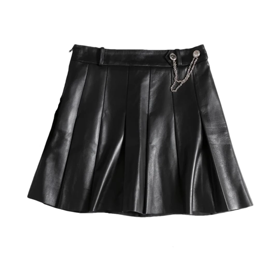 Women Playful College Style Japanese Golden Chain Short Blue White Lambskin Mini Pleated Skirt Black M