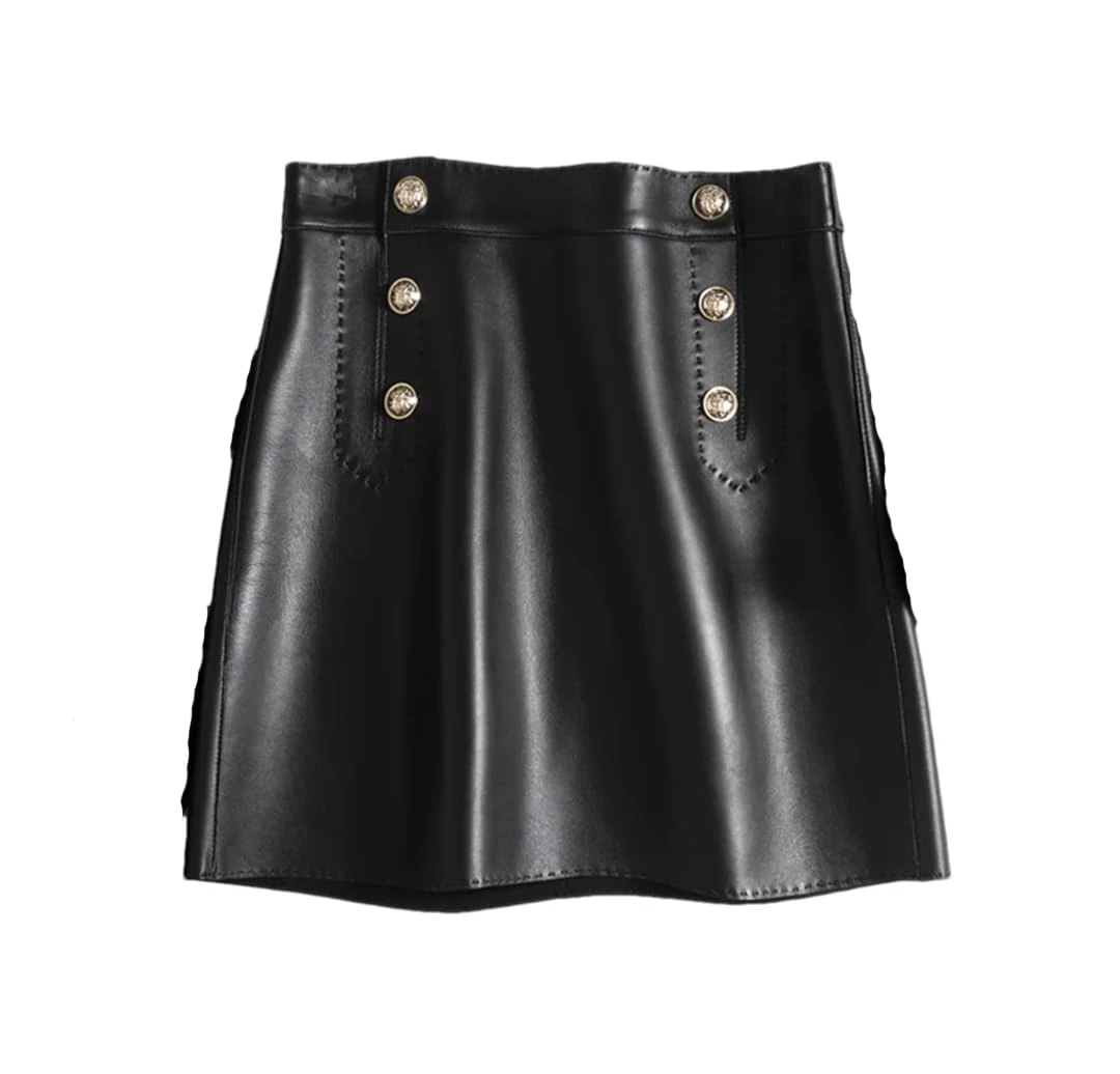Women High Waist Wrap Leather Double Breasted Metal Button Lambskin Mini Skirts Black M
