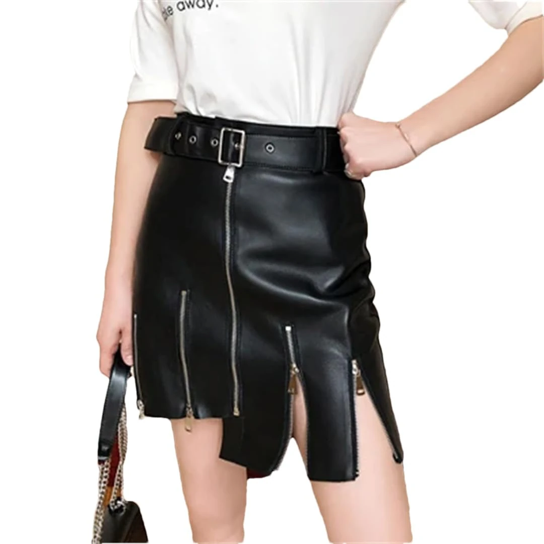 Women Winter Above Knee Genuine Leather Belt Short Solid White Zippers Decorate Punk Mini Skirt Black L