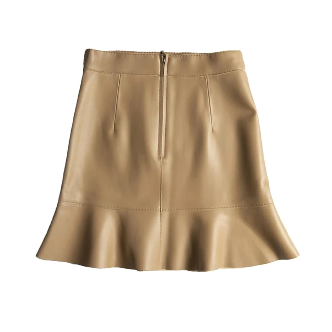 Alloaone Women Elegant Chic Real Lambskin Irregular Short High Waist Ruffled Fishtail Leather Mini Skirt Beige M