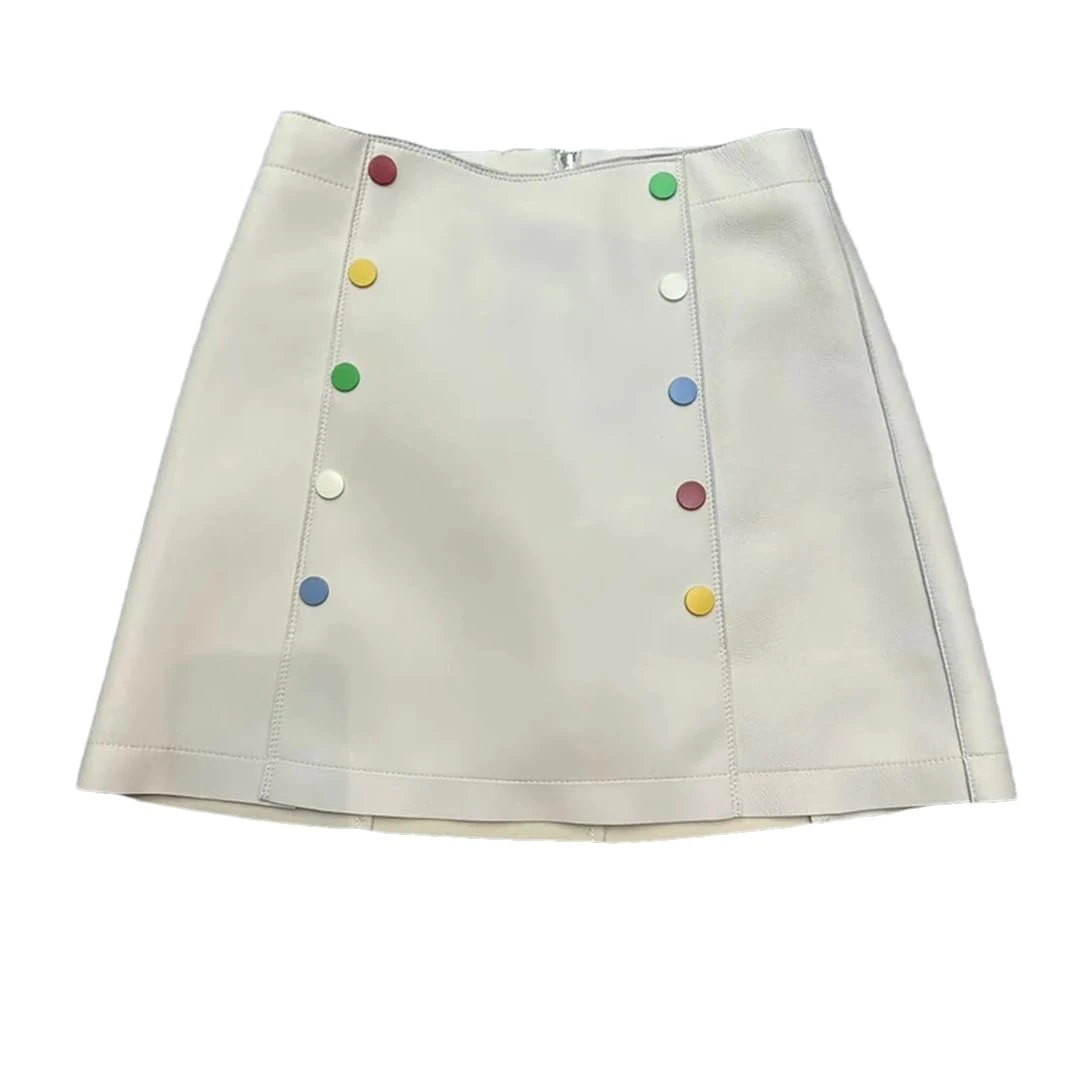 Alloaone Women Winter Color Button Double-Breasted Mini Micro Leather A-Line Skirt White XL
