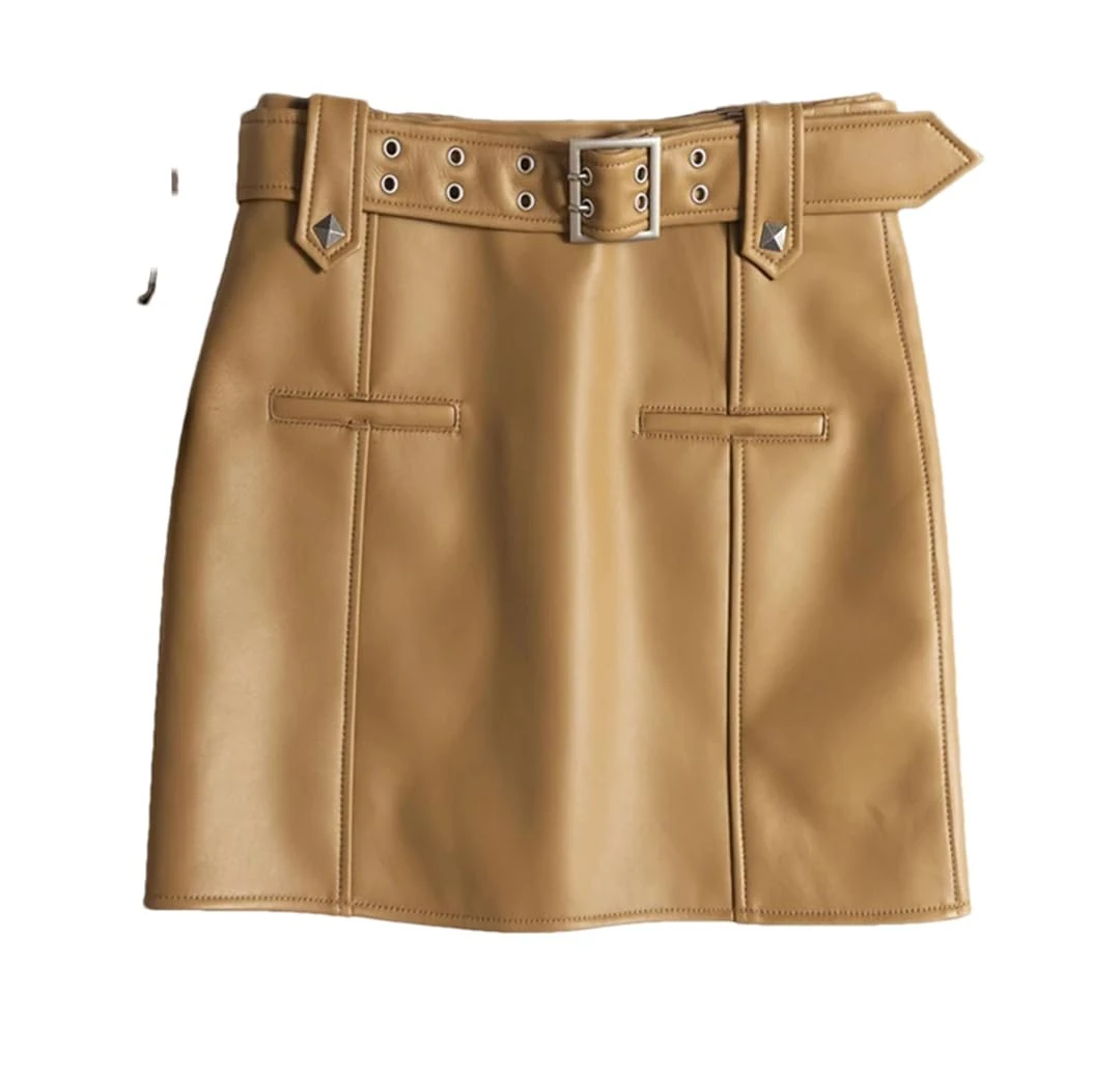 Alloaone Women Cargo Skirt Double Belt Slimming Mini Saias with Buttocks 100% Leather Locomotive Skirt Beige L