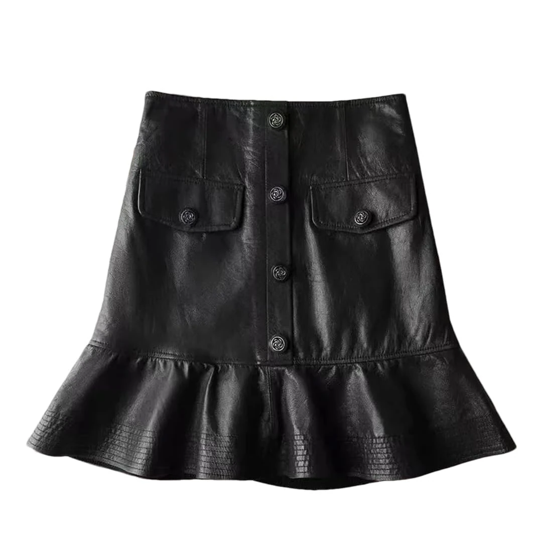 Women 100% Sheepskin Lotus Leaf Swing Fishtail Burgundy Sexy Short Wrap Leather Mini Skirt Black XXL