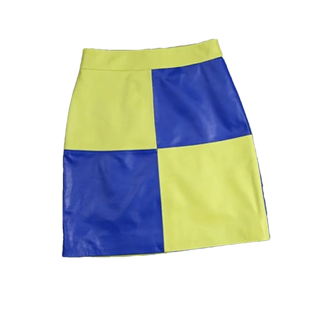 Alloaone Women Harajuku Genuine Leather Mini Two Color Color Block Skirt Blue Yellow S