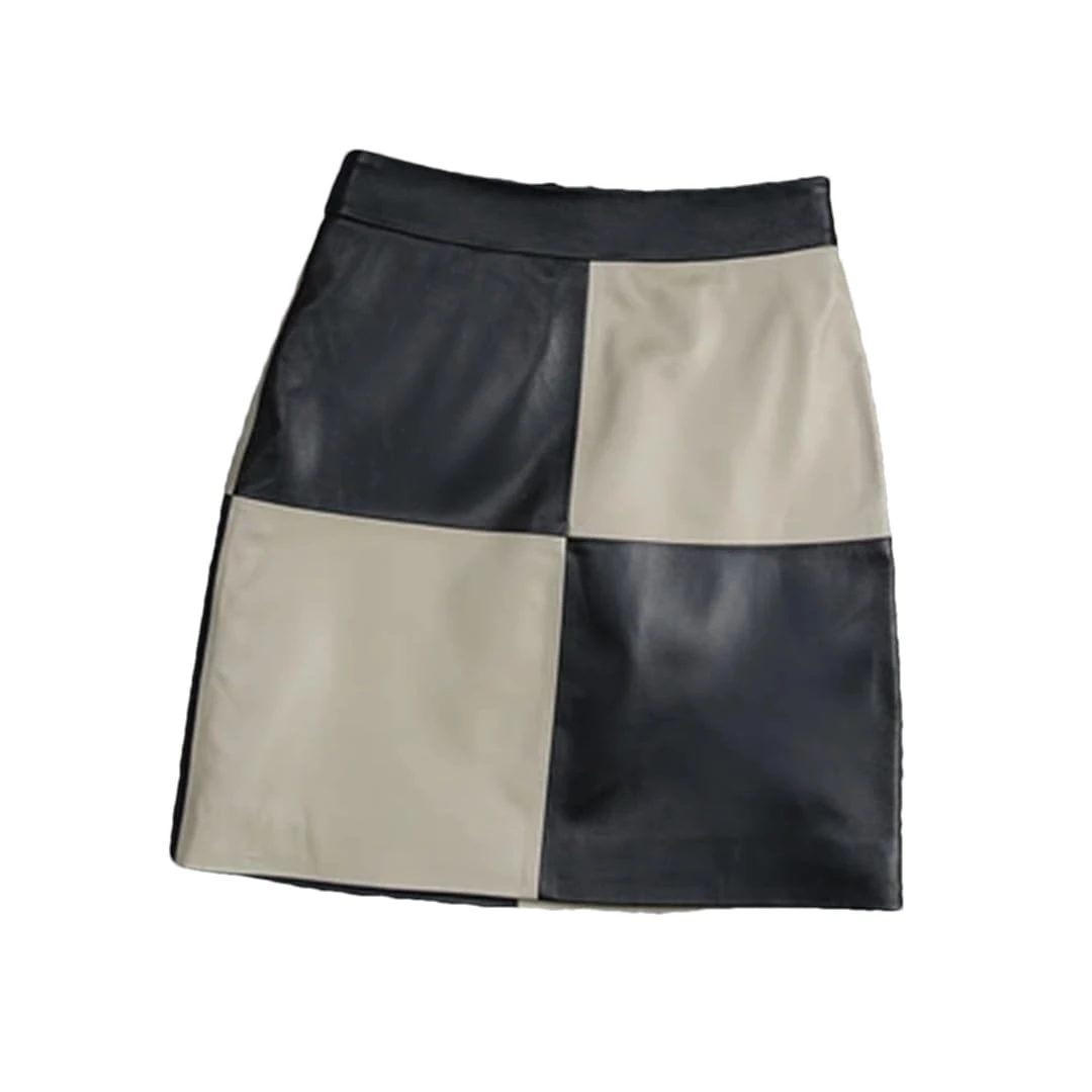 Alloaone Women Harajuku Genuine Leather Mini Two Color Color Block Skirt Black gray9 S