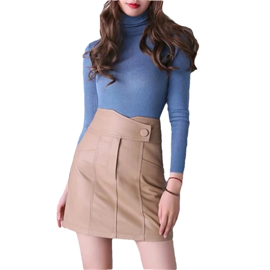 Women Genuine A-Line Slim Zipper Mini Grass EN8/Black Chic Leather Short Skirt Champagne XL