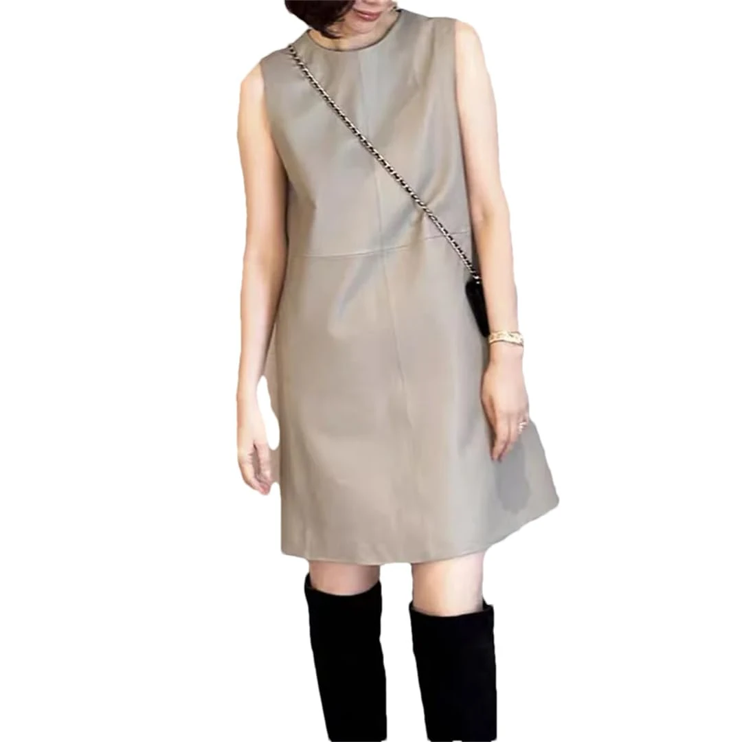Alloaone Women Suede Leather Dress Round Neck Genuine Leather Straight Versatile Tank Top Mini Skirts Sheepskin Sand S