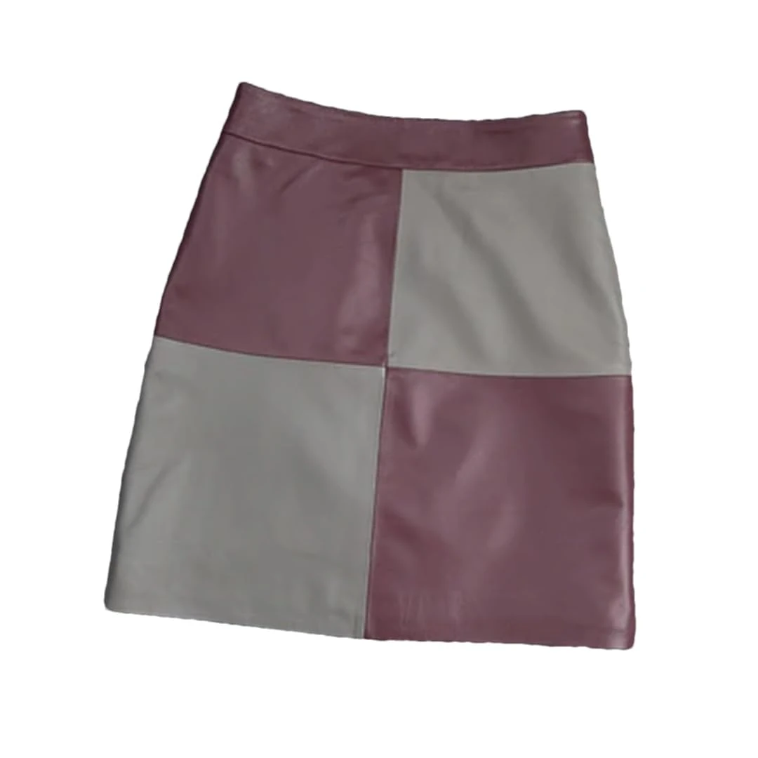 Alloaone Women Harajuku Genuine Leather Mini Two Color Color Block Skirt Purple gray9 S