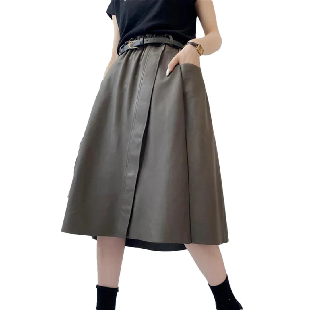 Alloaone Women Winter Genuine Leather Belt Short Solid White Zippers Decorate Punk Mini Skirt Gray M