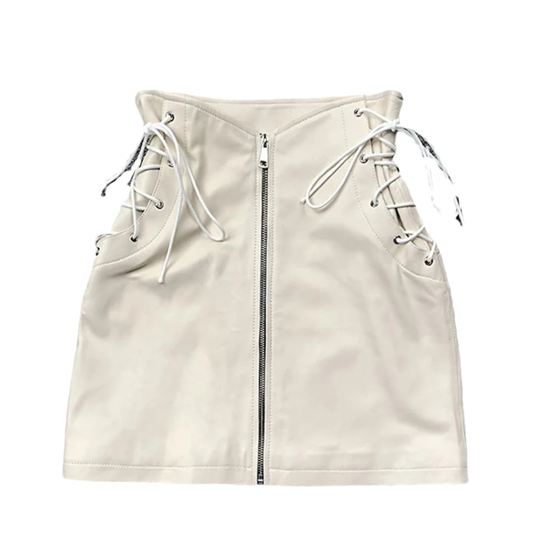 Alloaone Women Spring Smell Genuine Leather Middle Zipper High Waist Slimming Strap Sexy Mini High Street White Skirts White XL