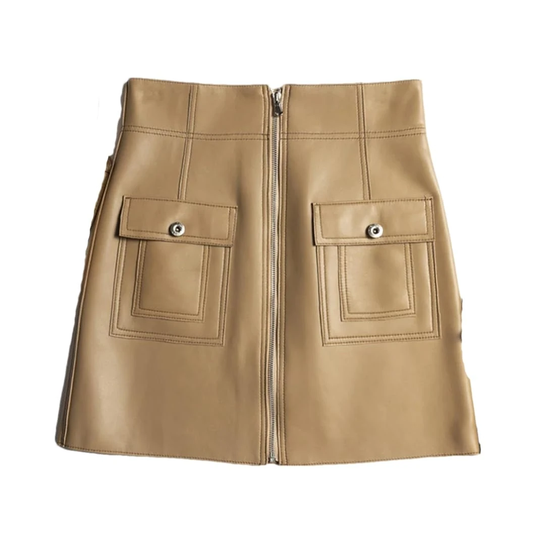 Women Harajuku A-Line Sexy Mini White Chic Bright Line Zipper Pocket Leather Skirt Beige S