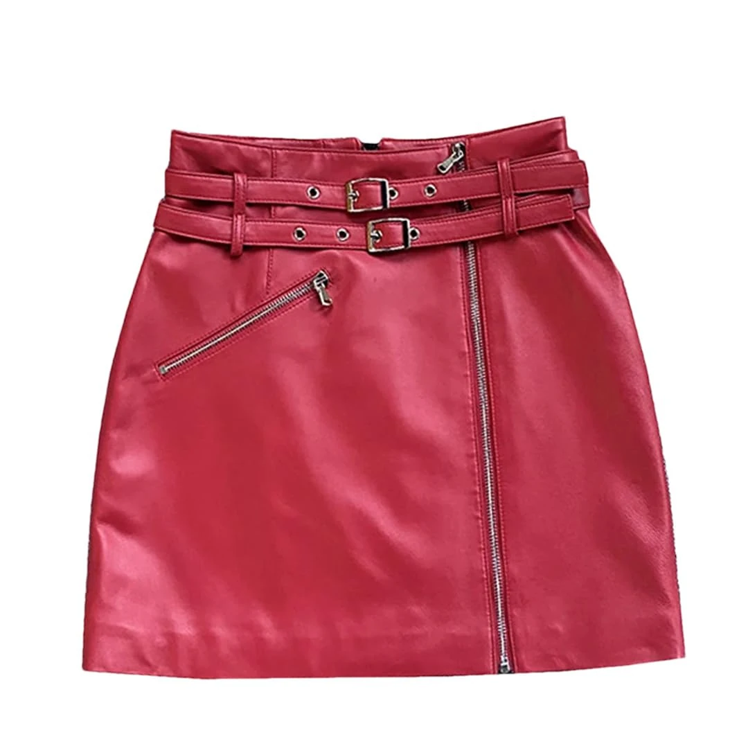Women Double Belt Split Zippers Motorcycle High Street Short Jupe South Korean A-Line Sexy Mini Leather Skirt Red XL