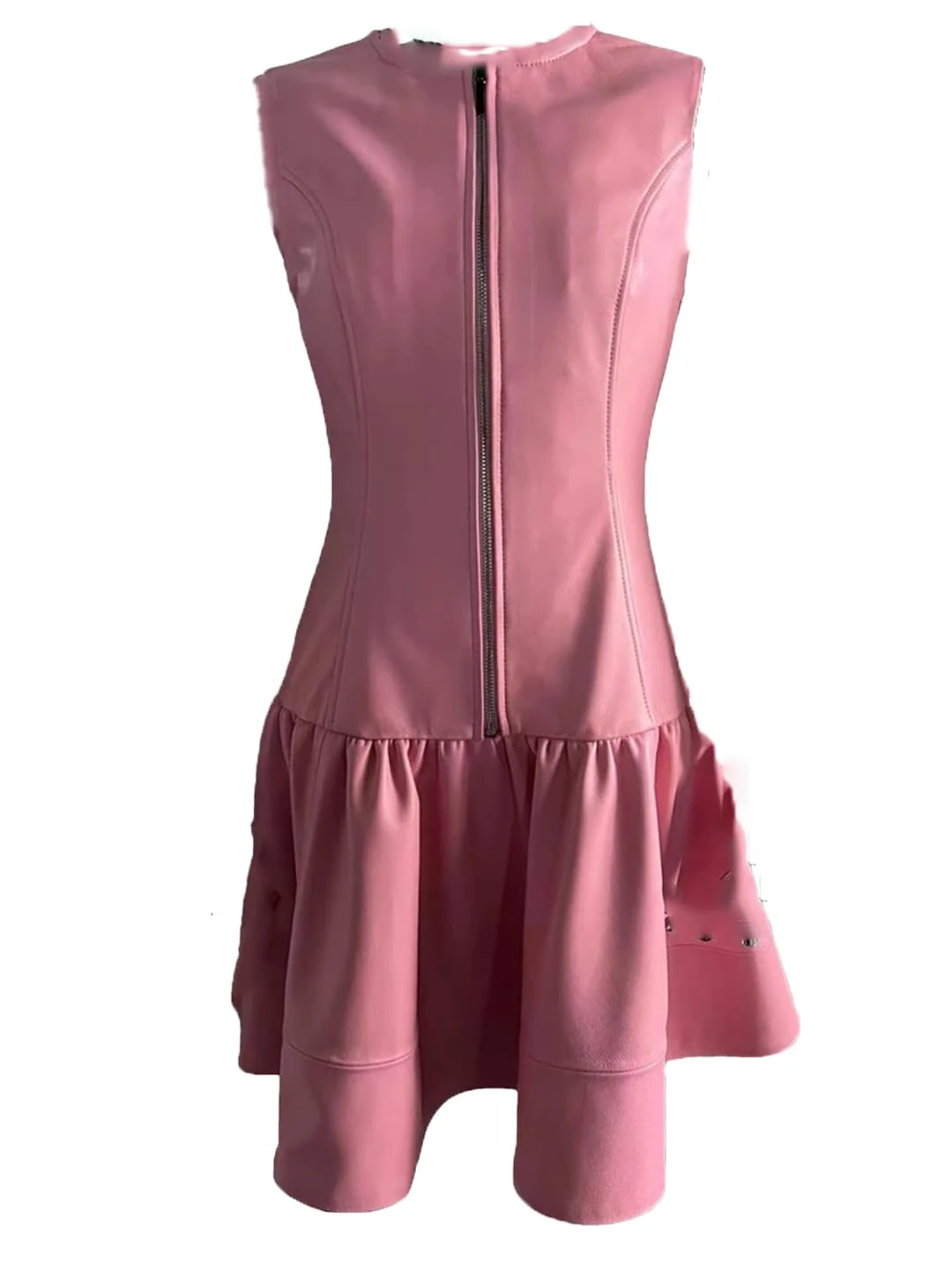 Women Round Neck Sleeveless Genuine Leather Pink Skirt Folded A-Line Pullover Vestido Mini Lambskin Dress Powder S