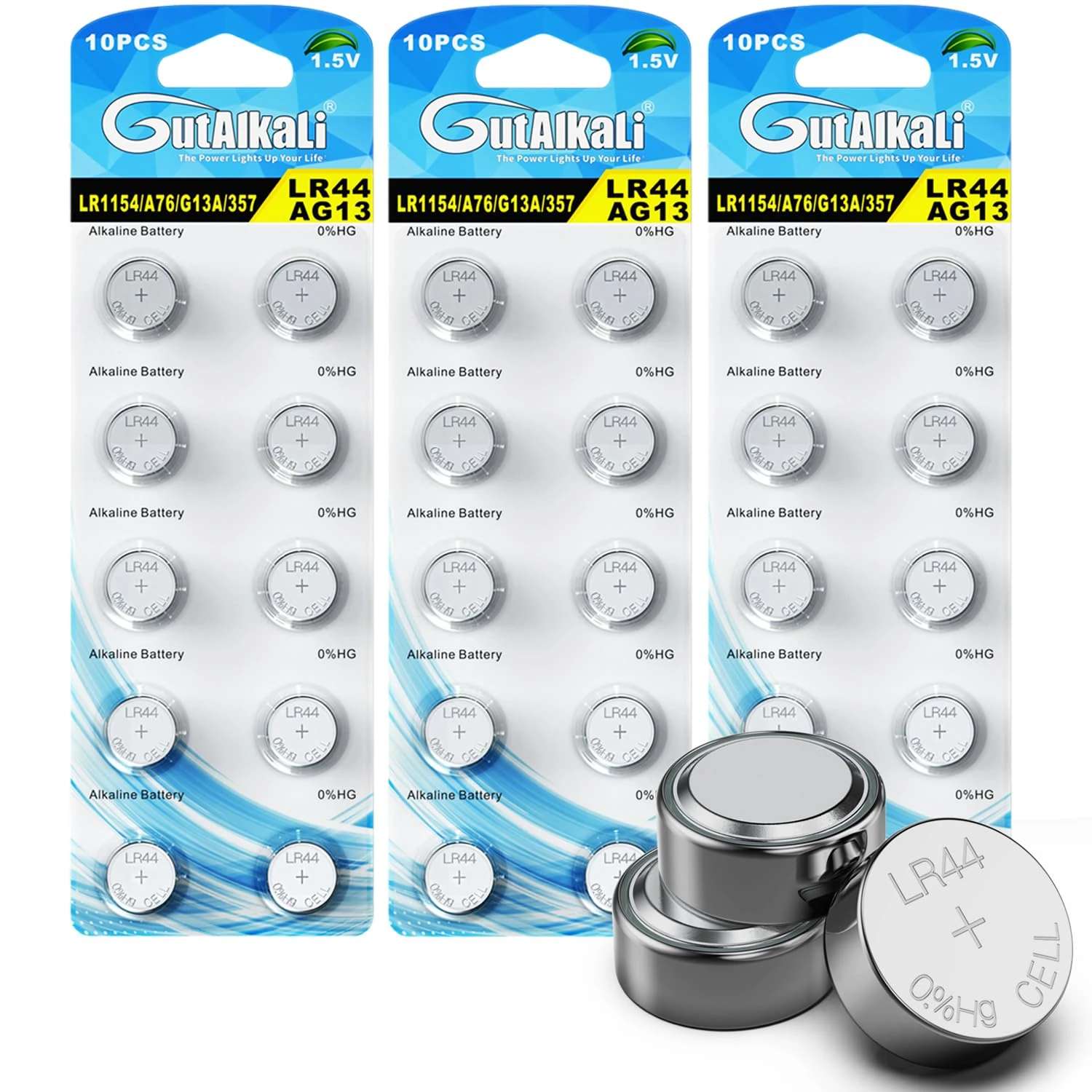 GutAlkaLi AG13 LR44 1.5V Alkaline Button Cell Batteries Mercury Free (357/357A/L11154/A76/GPA76), LR44(AG13)-30 Pack