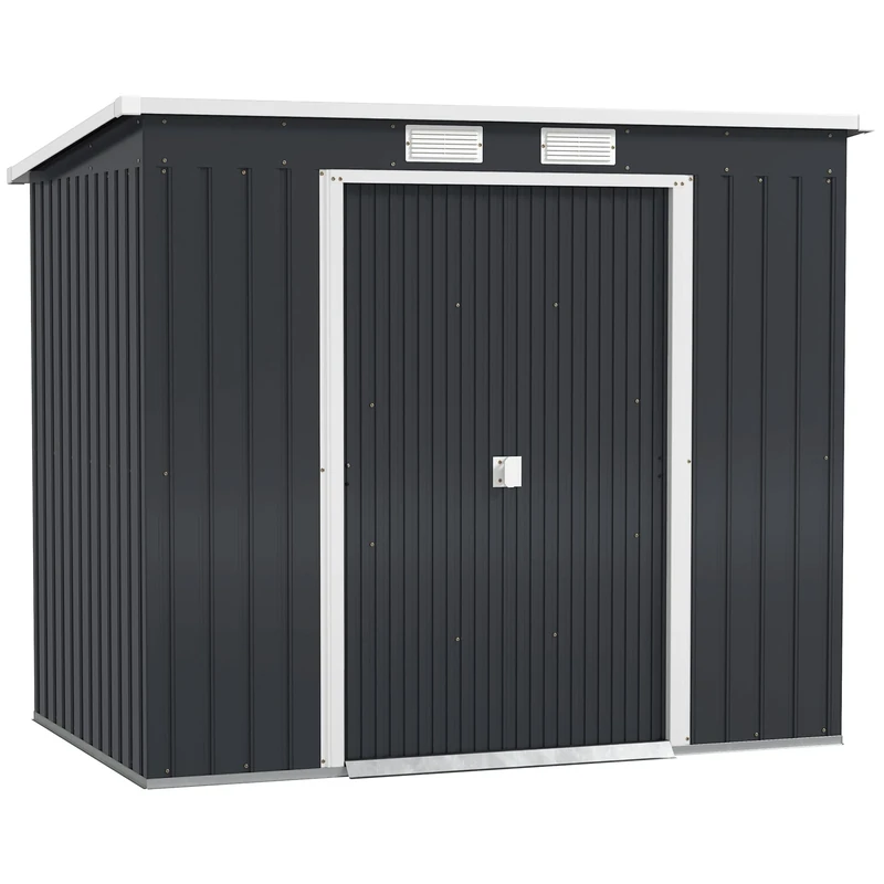 Outsunny 7 x 4ft Lean to Garden Shed with Foundation Kit, Double Door and Vents, Outdoor Metal Storage Shed for Equipment Tools, Dark Grey