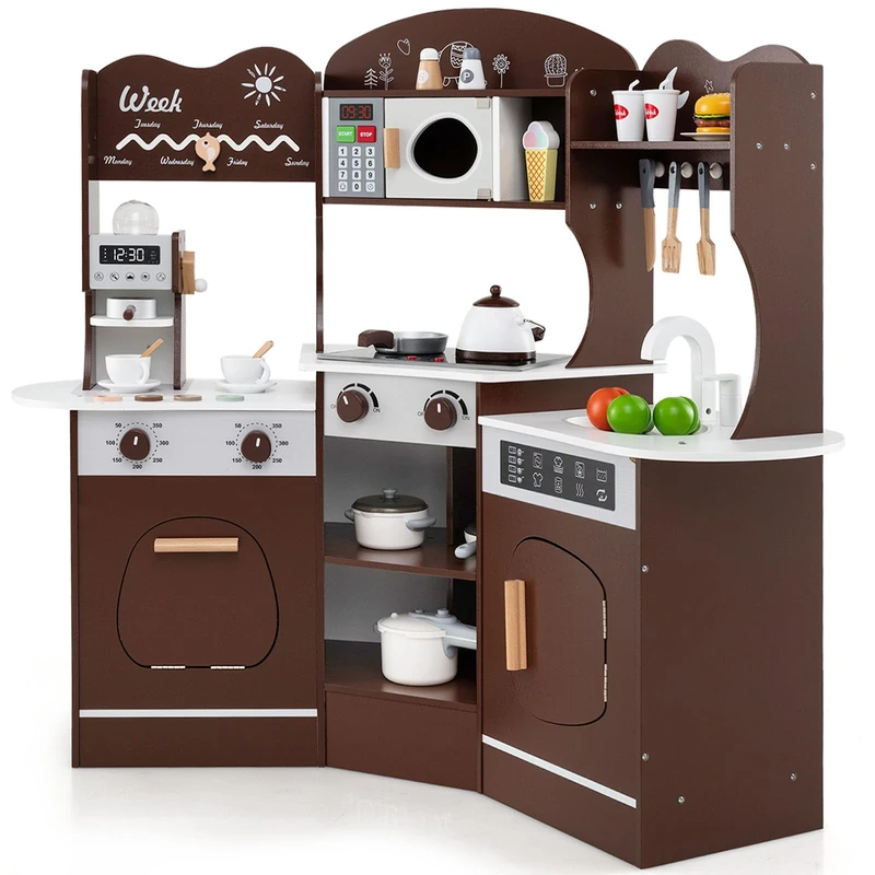GYMAX Kids Corner Kitchen, Wooden Play Kitchen with Realistic Lights, Sounds, Coffee Maker, Microwave, Sink, Faucet & Utensils, Children Pretend Toy Kitchen Playset for 3+ Years Old (Coffee)