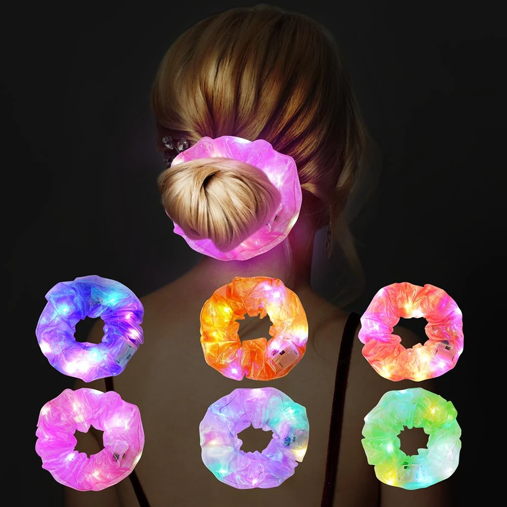 URAQT LED Light Up Elastic Hair Bands, 6pcs Luminous Hair Ties, 3 Colors Light Modes LED Scrunchies, Light up Hair Scrunchies for Halloween Christmas Rave Glow Party (C)