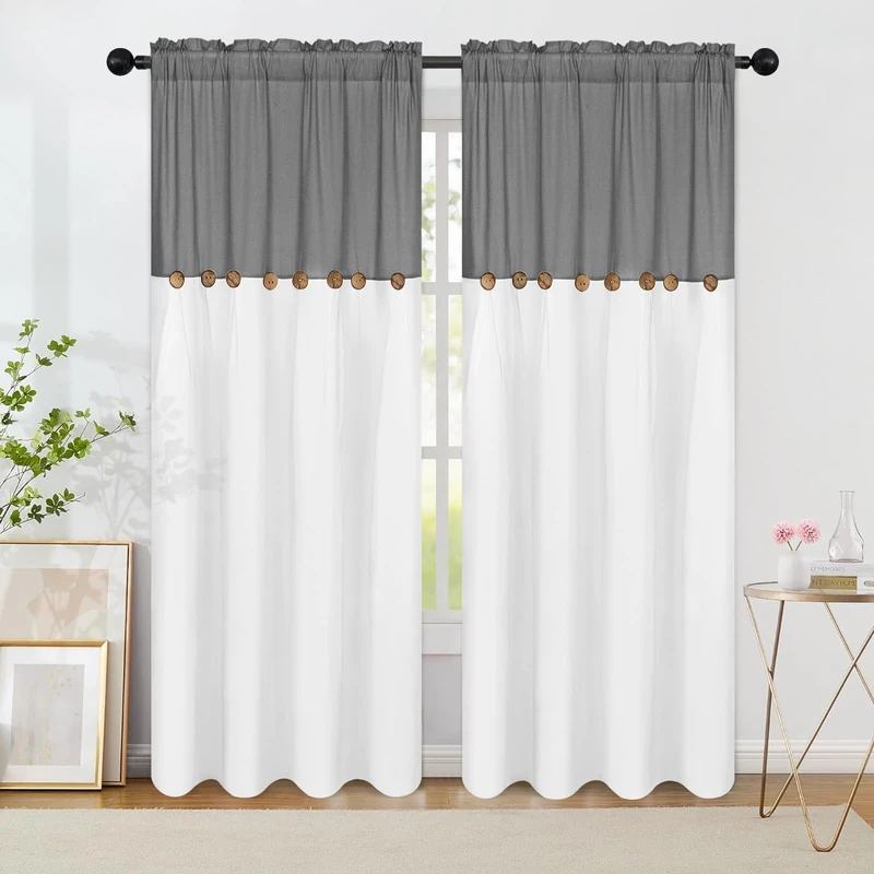 FRAMICS Farmhouse Cotton Linen Curtains for Living Room, Boho Button Curtains 84 Inch Length 2 Panels Set, Grey Rustic Country Linen Window Curtain for Bedroom Rod Pocket Drapes, 52 x 84 Inch, Grey