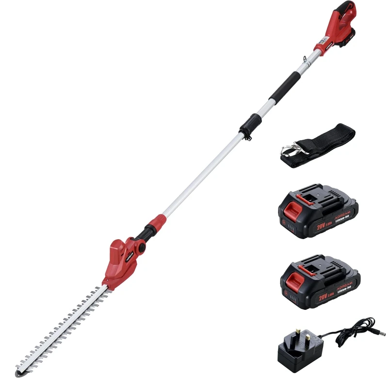 20V Cordless Pole Hedge Trimmer, 2.42M Long Reach Hedge Cutter with 2 Batteries, Fast Charge