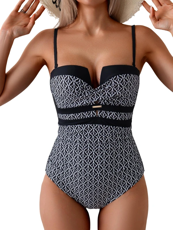 Eomenie Women's Push Up Wrap Front Swimsuit One Piece Tummy Control Bathing Suits Bandeau Support Slimming Swimwear, Printed B, Large