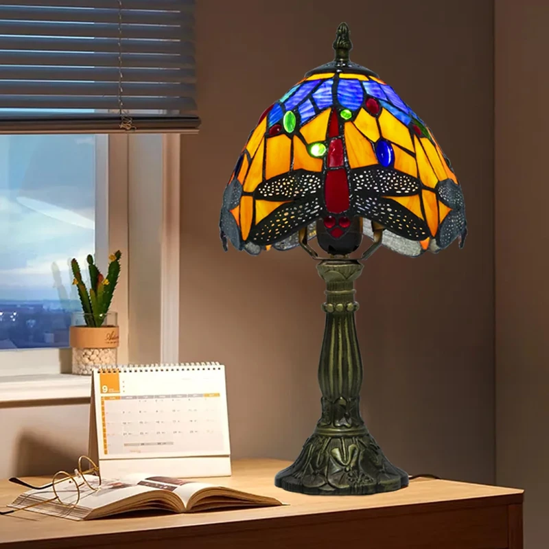 Ppbmocw Small Tiffany Lamp, 8 Inch Tiffany Lights Table Lamps for Bedside, Living Room, with 3 Color Temperatures Dimmable E27 Led (Orange Blue Dragonfly) - Image 1