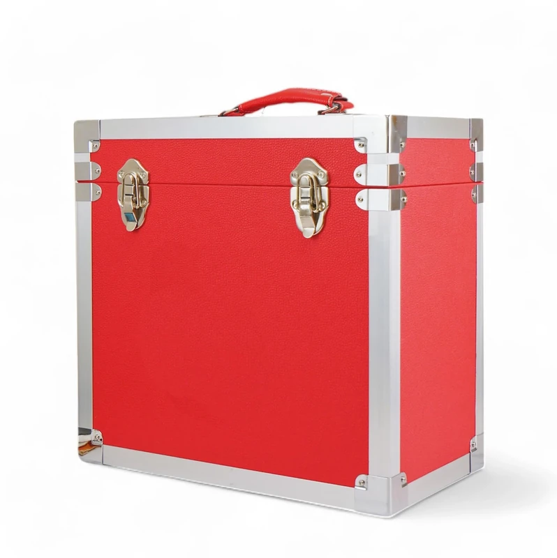 Steepletone 12" Vinyl Record Storage Box Case, with Carry Handle, Faux Leather Finish with Metal Edge, Holds up to 45 LP's (Red)